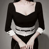 korean spring midi dress women OL professional temperament square collar black white stitching slim dress