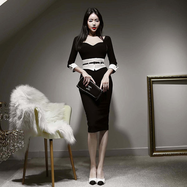 korean spring midi dress women OL professional temperament square collar black white stitching slim dress