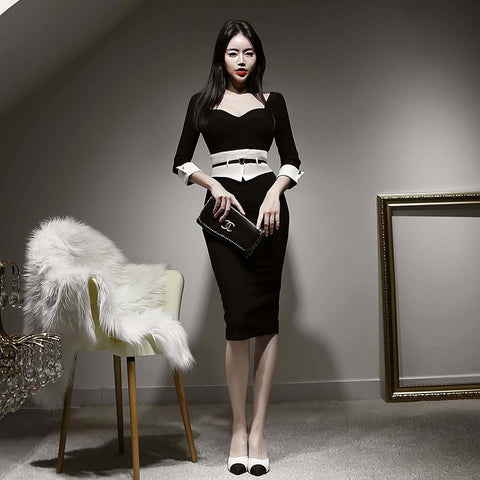 korean spring midi dress women OL professional temperament square collar black white stitching slim dress