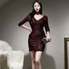 korean spring party mini dress women OL professional temperament shiny sequined red slim a-line dress