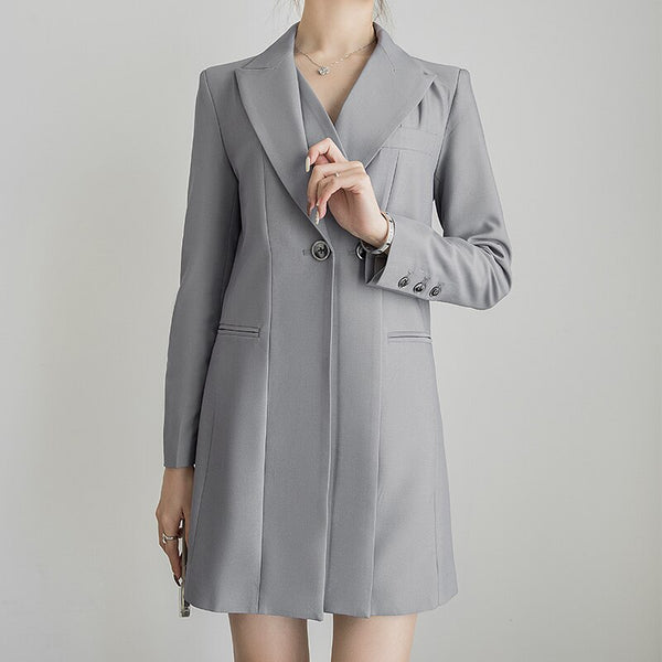 korean spring suit casual women OL temperament professional double breasted solid slim chiffon long blazer