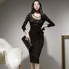 party night club dress women OL temperament black bow sexy perspective slim thin bag hip midi pencil dress