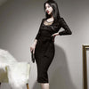 party night club dress women OL temperament black bow sexy perspective slim thin bag hip midi pencil dress