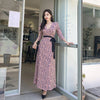 print dress women elegant autumn office lady chiffon v-neck long sleeve temperament boho long dress