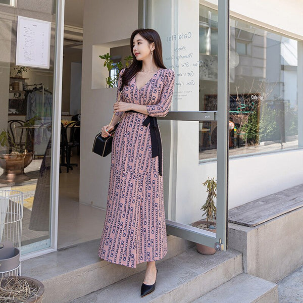 print dress women elegant autumn office lady chiffon v-neck long sleeve temperament boho long dress