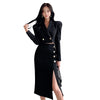 spring black set women OL professional temperament black short coat and split midi skirt slim skirt suits