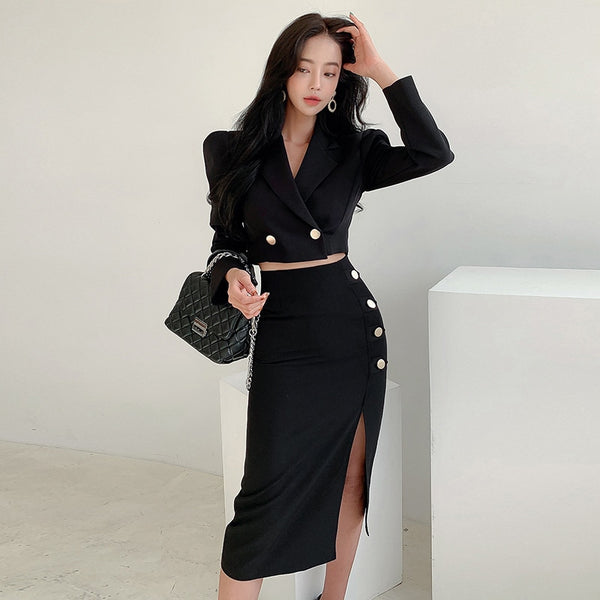 spring black set women OL professional temperament black short coat and split midi skirt slim skirt suits