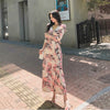 spring long dress women OL temperament korean V-neck three-quarter sleeve print flower slim beach wrap dress
