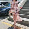 spring long dress women OL temperament korean V-neck three-quarter sleeve print flower slim beach wrap dress