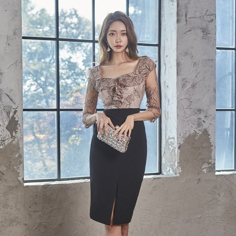 spring midi dress women OL professional temperament black perspective mesh stitching ruffled pencil dress