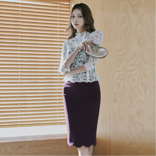 spring midi dress women OL temperament sexy white perspective lace purple stitching slim pencil dress