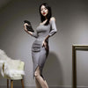spring midi party club dress women OL temperament elegant sexy off-shoulder gray folds split bodycon dress