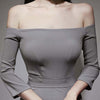 spring midi party club dress women OL temperament elegant sexy off-shoulder gray folds split bodycon dress
