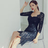 spring midi party dress women OL temperament sexy lace perspective square neck tassel slim holiday dress