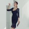 spring midi party dress women OL temperament sexy lace perspective square neck tassel slim holiday dress