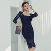 spring midi party dress women OL temperament sexy lace perspective square neck tassel slim holiday dress