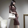 spring party night club dress women OL profession temperament vintage plaid print slim split midi dress
