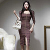 spring party night club dress women OL profession temperament vintage plaid print slim split midi dress