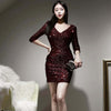 spring party night club dress women OL professional temperament v-neck sequined red slim mini a-line dress