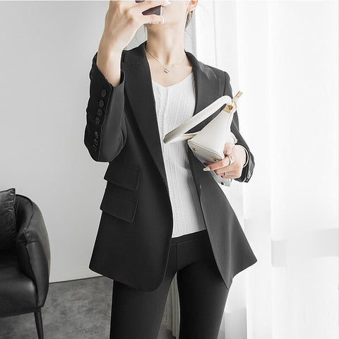 spring suit casual oversized ladies OL simple two-pocket coat long-sleeve slim high-slit chiffon wild suit