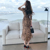 women split midi dress v-neck sexy leopard print temperament office lady slim party asymmetrical dress