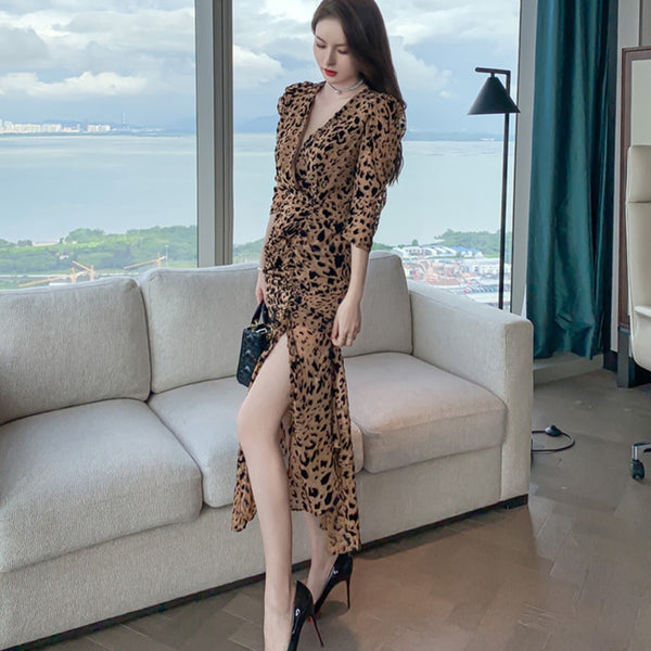 women split midi dress v-neck sexy leopard print temperament office lady slim party asymmetrical dress