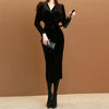 women spring midi dress OL professional temperament v-neck batwing sleeve black simple slim velvet dress