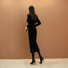 women spring midi dress OL professional temperament v-neck batwing sleeve black simple slim velvet dress