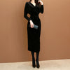 women spring midi dress OL professional temperament v-neck batwing sleeve black simple slim velvet dress
