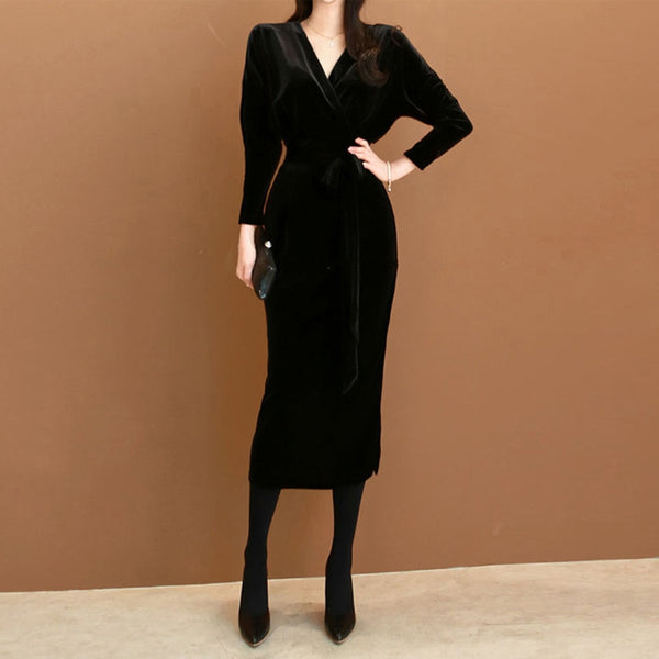 women spring midi dress OL professional temperament v-neck batwing sleeve black simple slim velvet dress
