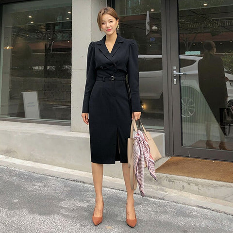 work style solid skirt suits Double breasted blazer and slim pencil skirt vintage elegant cute women sets