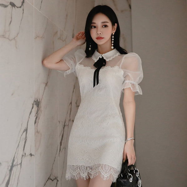temperament work style female mini pencil dress sexy elegant white lace perspective formal dress