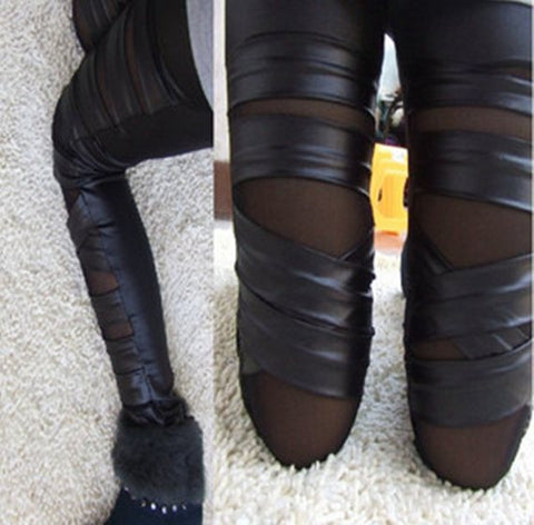 new fashion leather pants black blue high quality crossing ribbon leather leggings special hallow out net cool legging