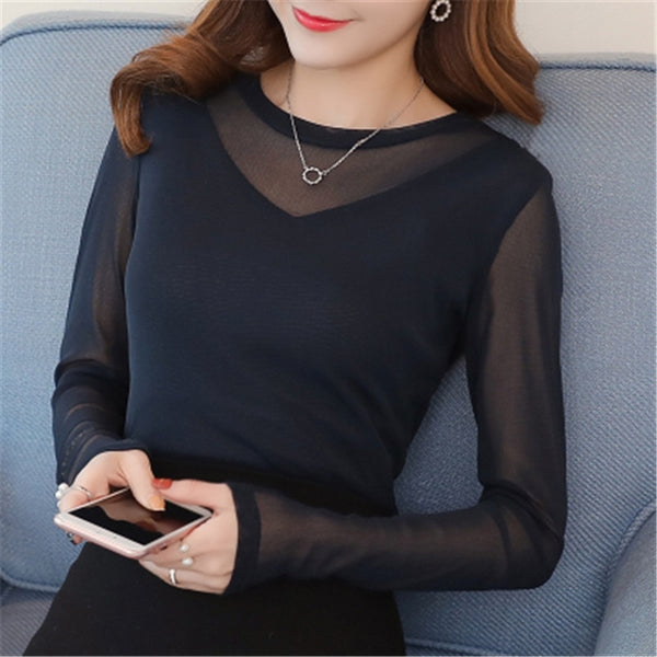 women O-Neck long sleeve spring autumn thin shirt female Spliced sexy Lace Solid color slim blouse pullover clothing