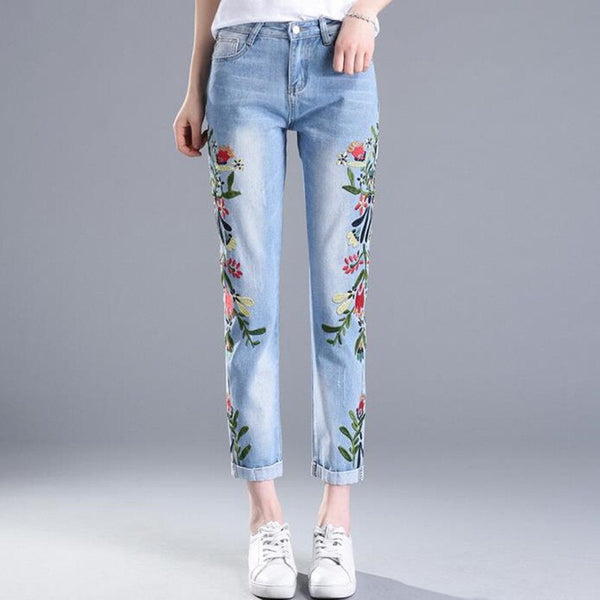 spring summer embroidery flowers large size jeans women's pencil pants