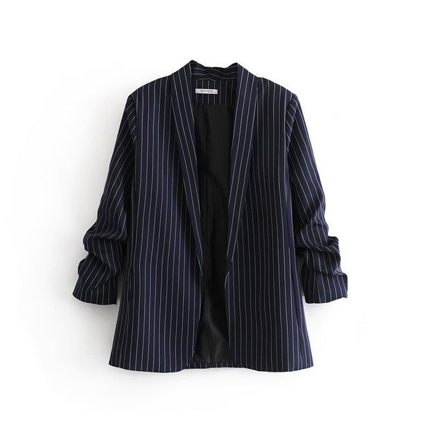 women euro style casual striped print open stitch blazer female side pocket pleat sleeve suit office lady chic tops  CT185