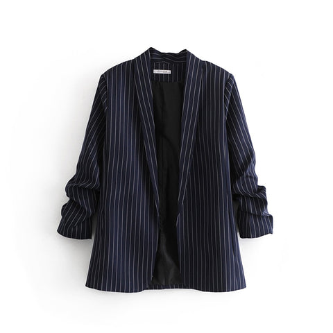 women euro style casual striped print open stitch blazer female side pocket pleat sleeve suit office lady chic tops  CT185