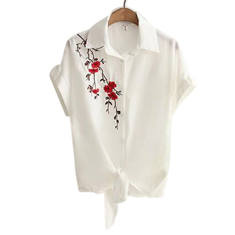 White Floral Embroidery Blouse Women Stripe Short Sleeve Top 2022 Summer office Turn Down Collar Casual Loose Shirt