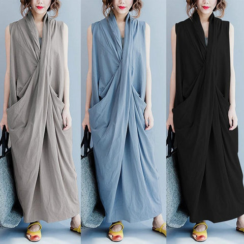 robe Maxi Dress Casual Sleeveless  Beach Women Asymmetric Cross V-Neck Sleeveless Maxi Dress Robe plus size dress 2023