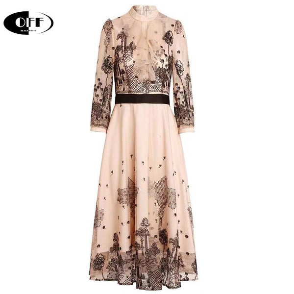 runway woman dress ruffles Flower embroidery elegant party holiday mesh ladies midi dresses for women vestidos robes female ZA