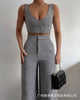 set women 2 pieces pants 2023 women's short and cropped set V-Neck Sexy PU Leather Spaghetti Strap Crop Top & Flared Pants