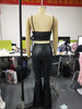 set women 2 pieces pants 2023 women's short and cropped set V-Neck Sexy PU Leather Spaghetti Strap Crop Top & Flared Pants
