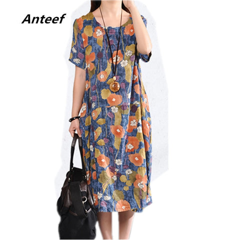 short sleeve cotton linen vintage floral dresses for women casual loose midi summer dress elegant clothes 2023