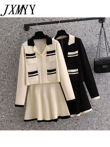 spring And Autumn Temperament Suit Niche Contrast Wool Knit Long Sleeve Pleated Hip Skirt Two-Piece Women's Clothing