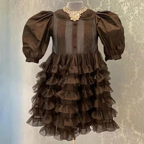 spring autumn French rhinestone peter pan collar dress women puff sleeve ruffled heavy work princess court style party wedding d