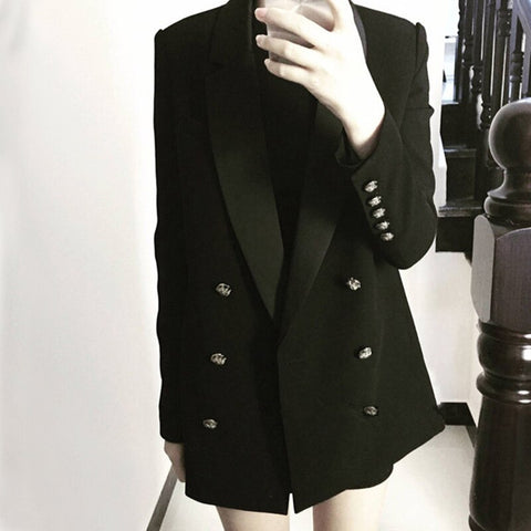 spring autumn double breasted blazer women black office lady notched suit jacket