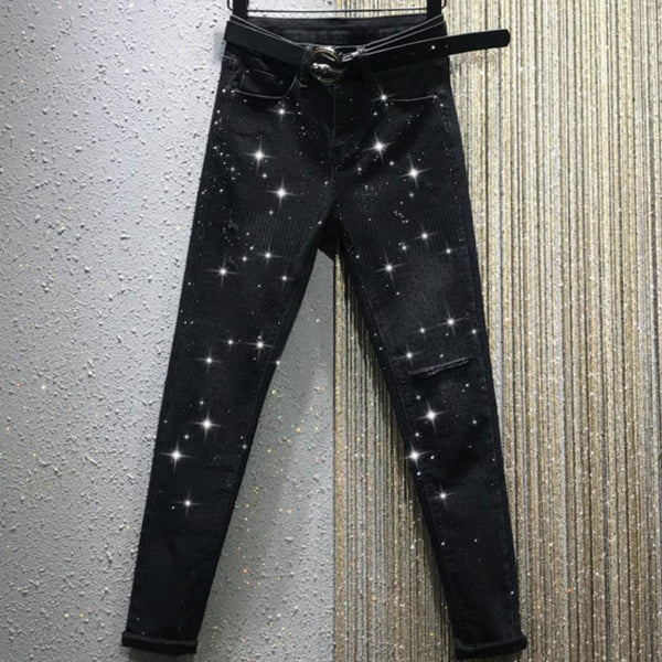 spring autumn heavy work drilling high waist hole casual stretch straight jeans women