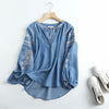 spring embroidery denim shirt women cotton casual v neck soft light blue denim tops and blouses blusas mujer new