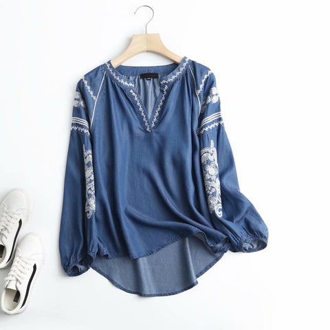 spring embroidery denim shirt women cotton casual v neck soft light blue denim tops and blouses blusas mujer new