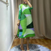spring geometric color matching A-line dress mid-length Miyak pleated long-sleeved loose plus size women's dresses